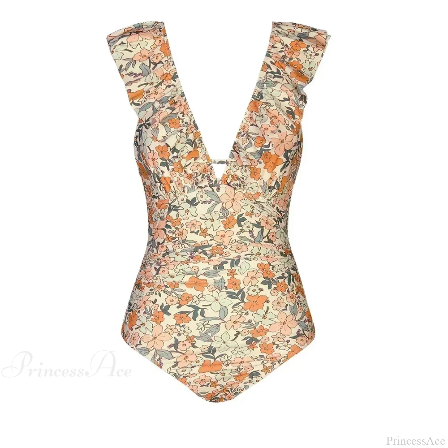 Ruffled V-neck Lace Up One Piece Set BeigeFloral / S