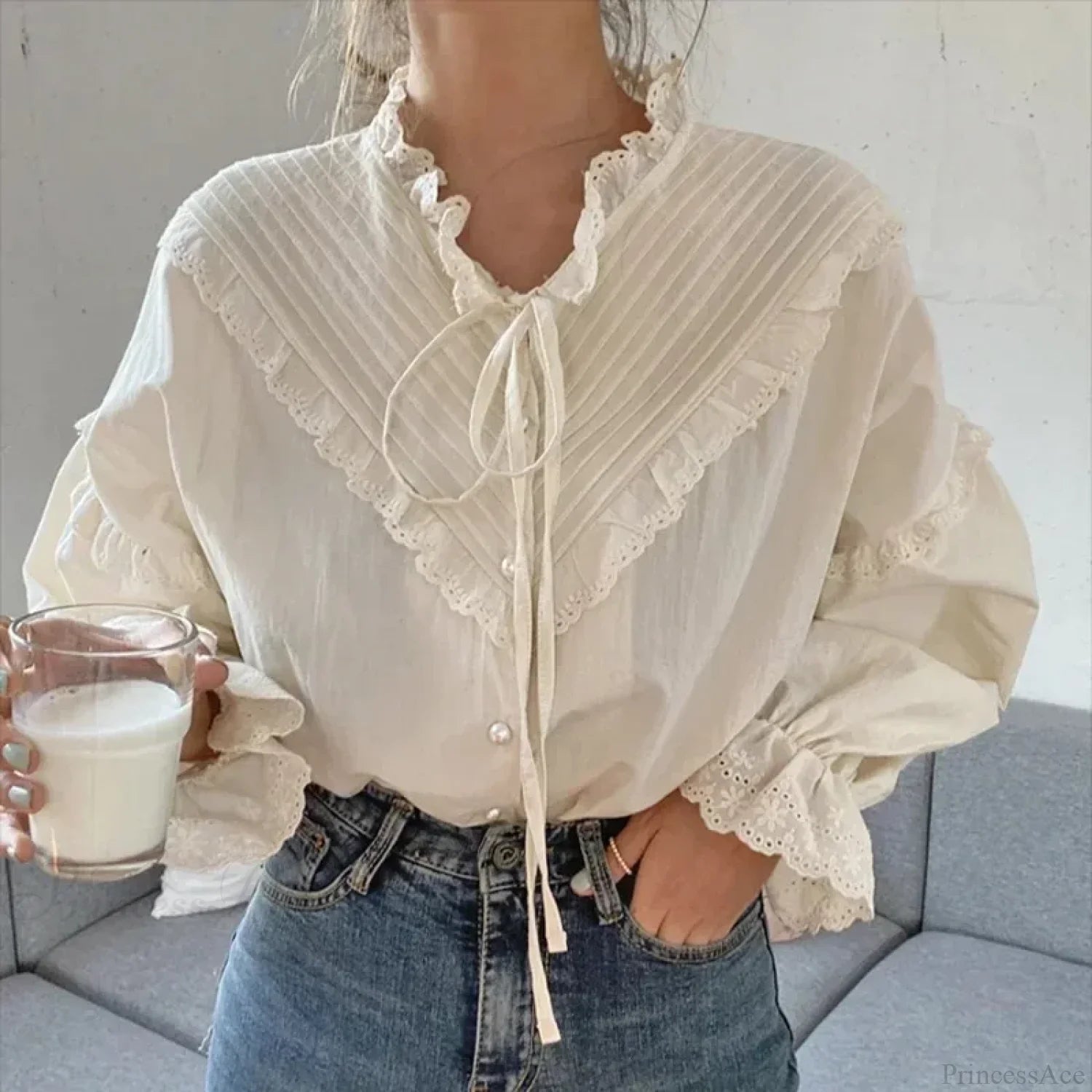 Ruffled Vintage Solid Long Sleeve Bow Blouse blouse-250126