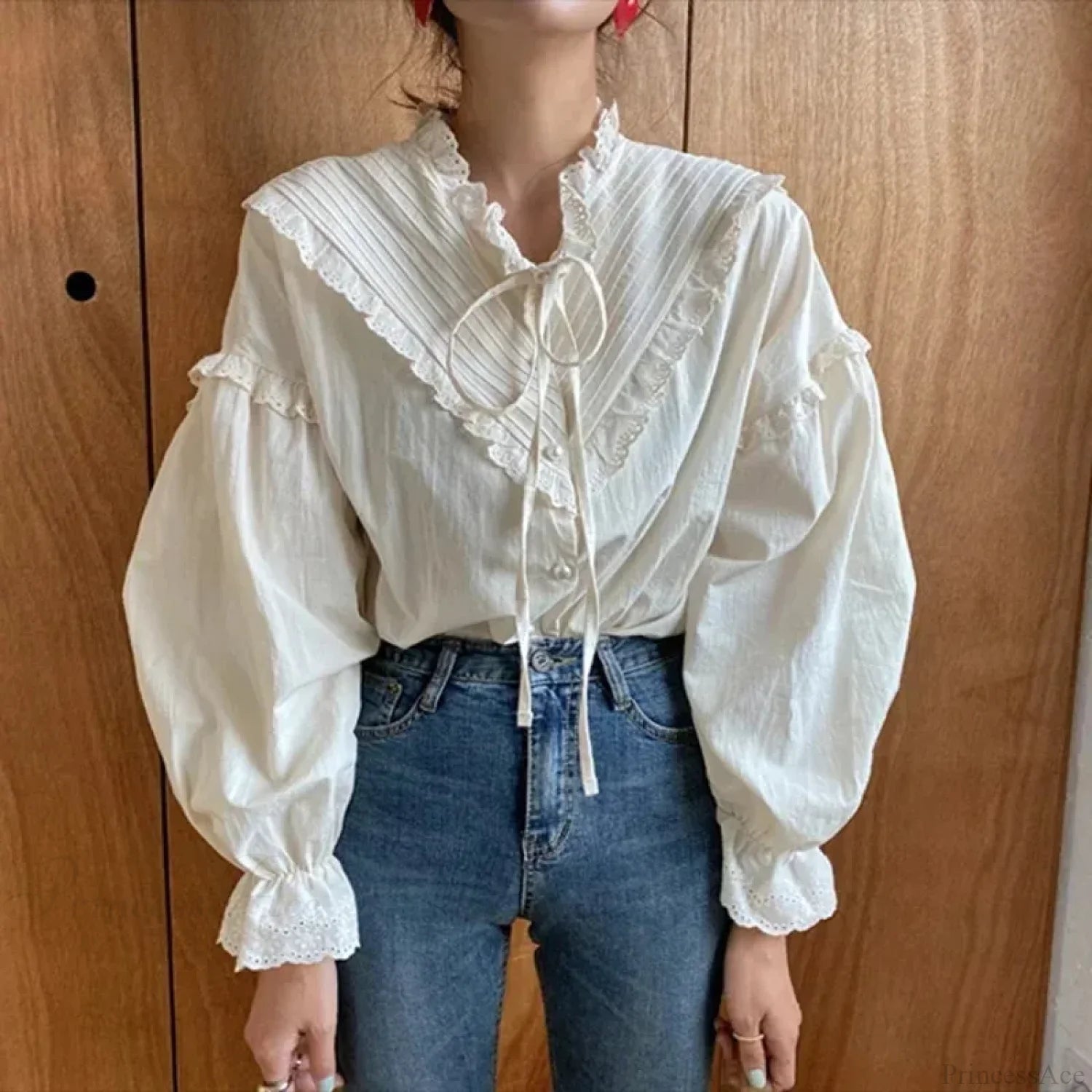 Ruffled Vintage Solid Long Sleeve Bow Blouse blouse-250126