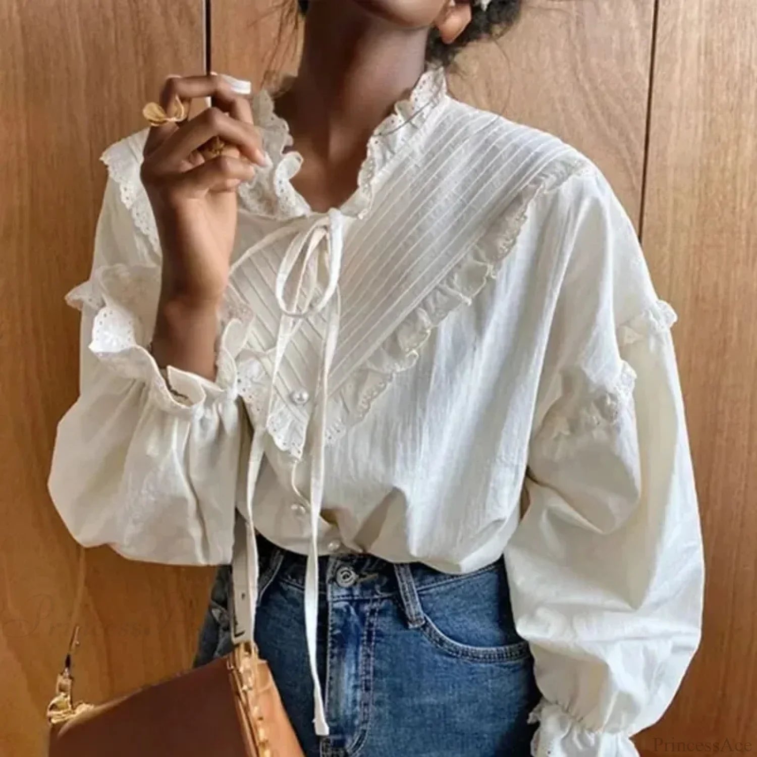 Ruffled Vintage Solid Long Sleeve Bow Blouse WHITE / S blouse-250126