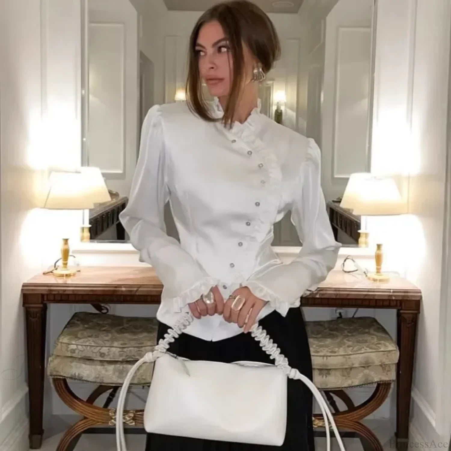 Ruffled White Long Sleeve Blouse blouse-250223