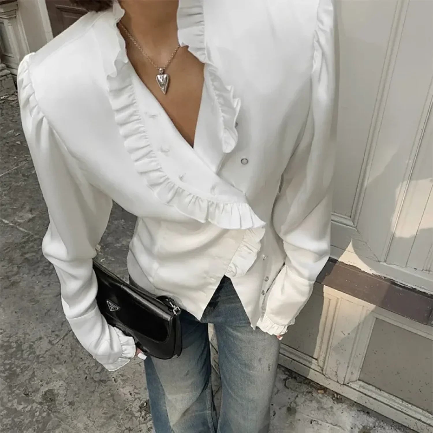 Ruffled White Long Sleeve Blouse blouse-250223