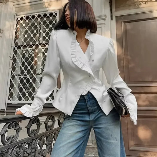 Ruffled White Long Sleeve Blouse White / S blouse-250223