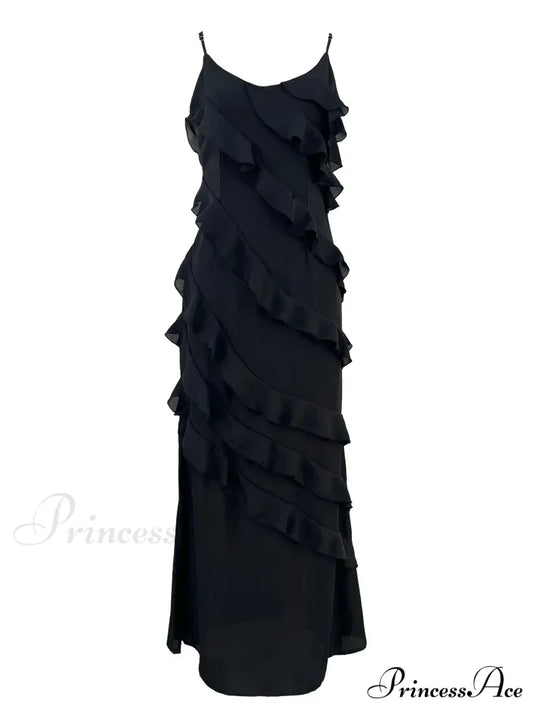 Ruffles Chiffon Maxi Dresses Backless Split Sexy Long Summer Wedding Christmas Party Dress Black /