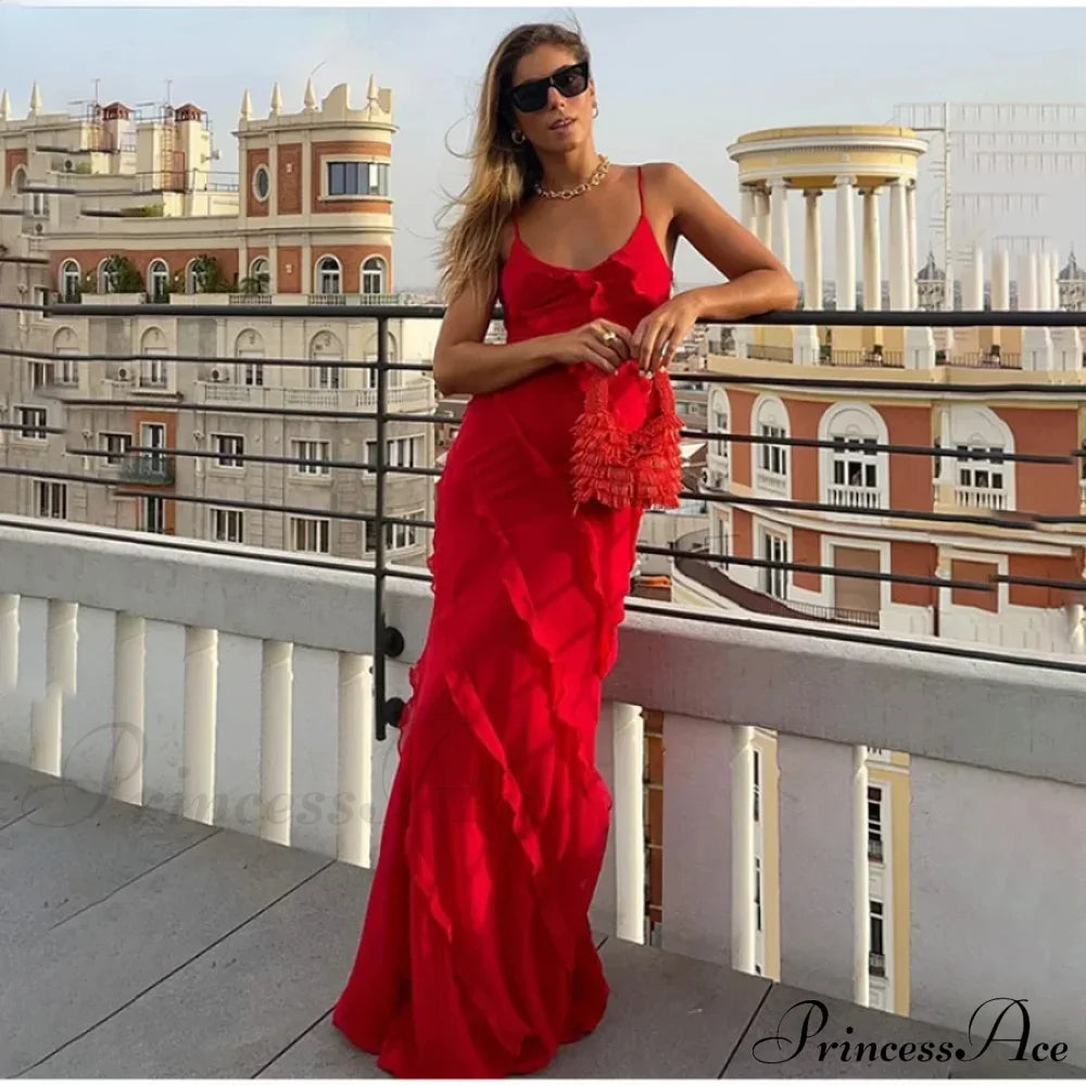 Ruffles Chiffon Maxi Dresses Backless Split Sexy Long Summer Wedding Christmas Party Dress Dresses-L