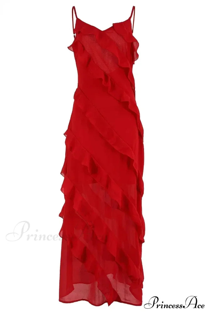 Ruffles Chiffon Maxi Dresses Backless Split Sexy Long Summer Wedding Christmas Party Dress Dresses-L