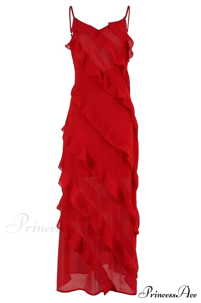 Ruffles Chiffon Maxi Dresses Backless Split Sexy Long Summer Wedding Christmas Party Dress Red / S