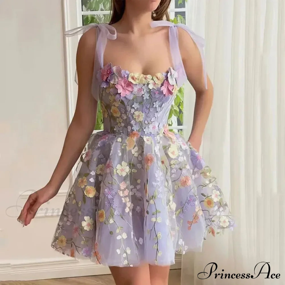 Ruffles Colorful Sling Mini Dress Light Purple / S