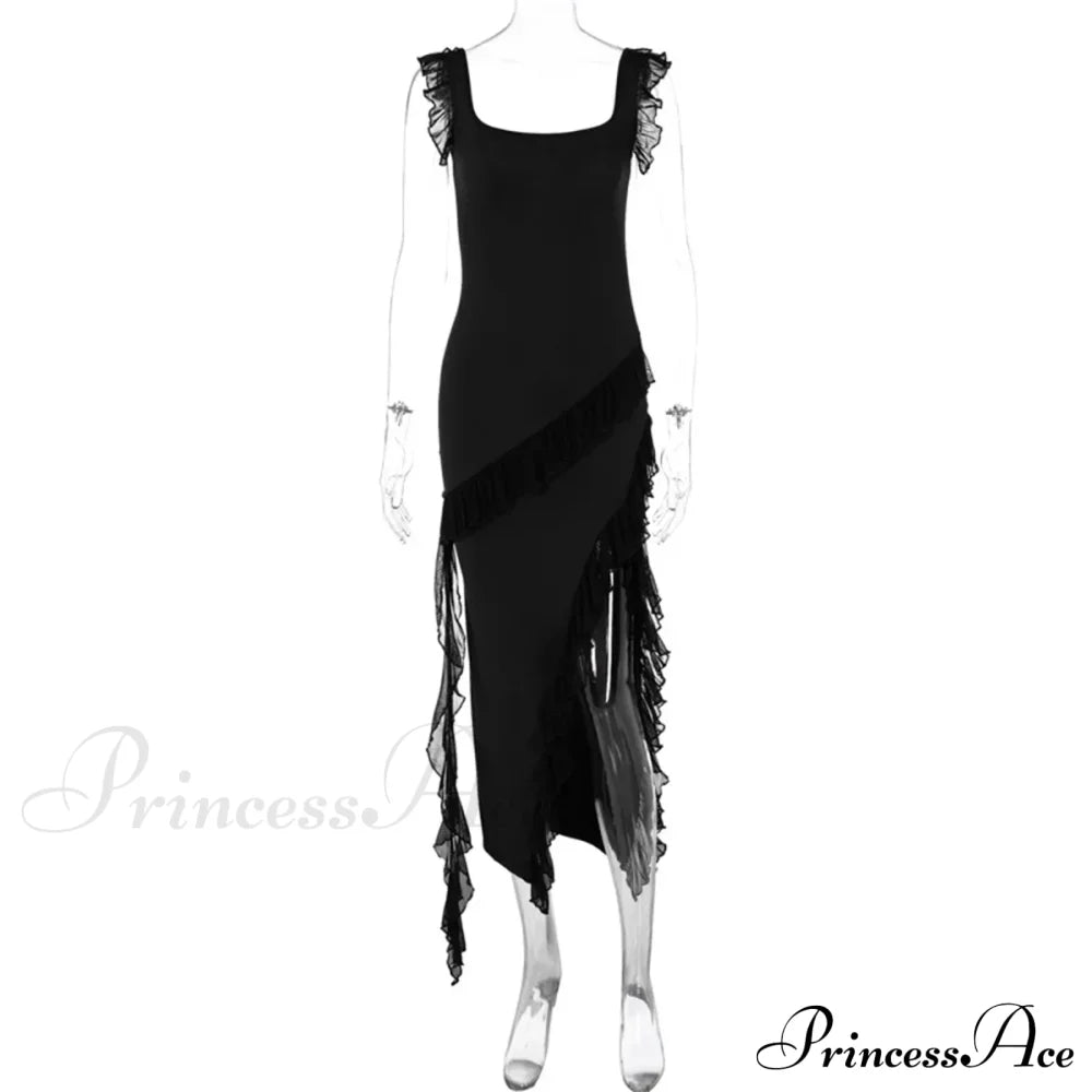 Ruffles Elegant Maxi Dresses Backless Split Sexy Chiffon Long Christmas Party Dress Black / S