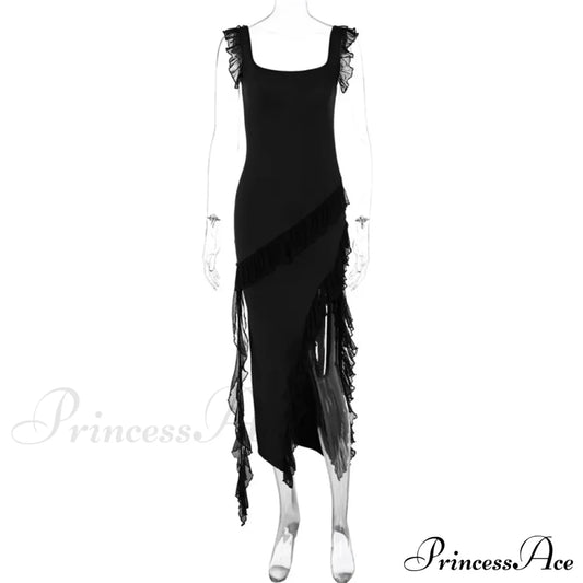 Ruffles Elegant Maxi Dresses Backless Split Sexy Chiffon Long Christmas Party Dress Black / S