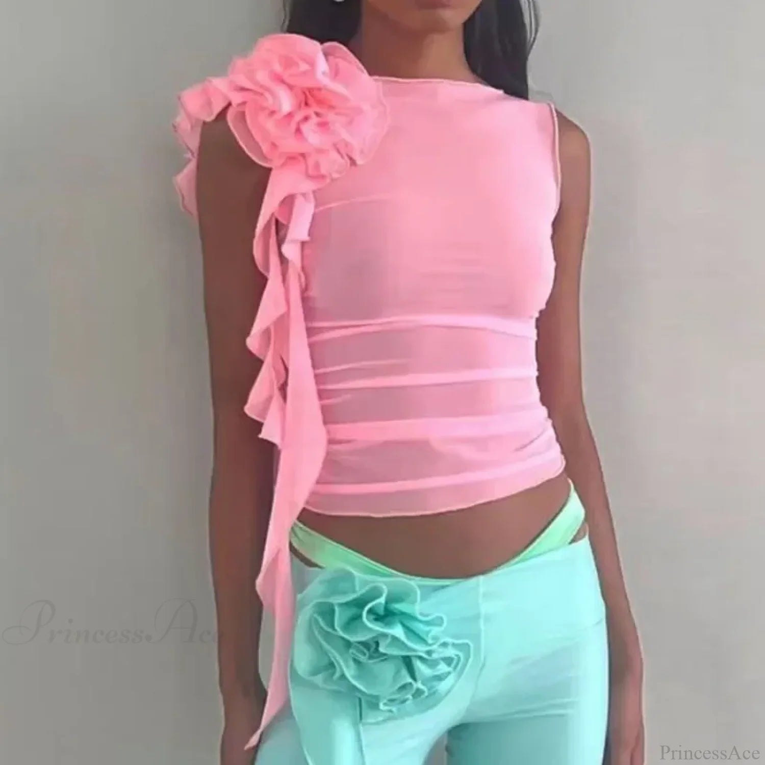 Ruffles Floral Mesh Sheer Chic Elegant See Through Slim Crop Top Pink / S croptop-250126
