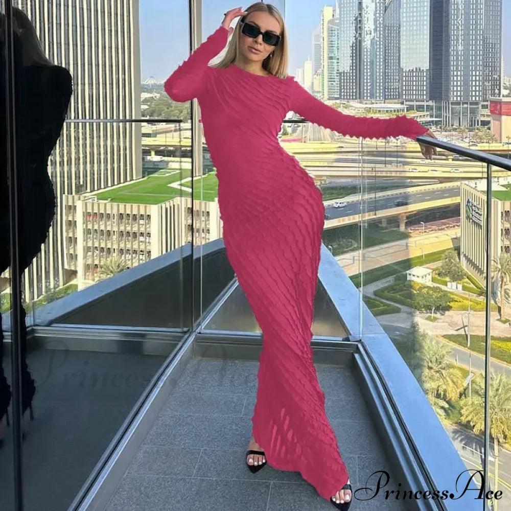 Ruffles Frill Round Neck Long Sleeve Maxi Dress