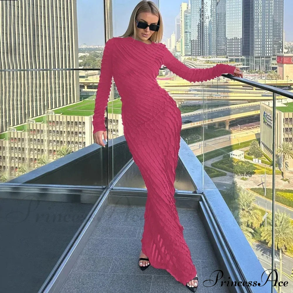 Ruffles Frill Round Neck Long Sleeve Maxi Dress Pink / S