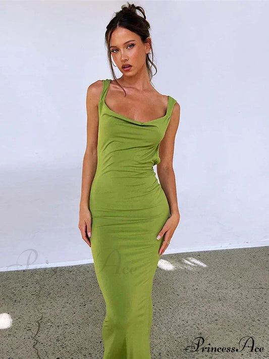 Ruffles Green Straps Backless Elegant Bodycon Evening Maxi Dress / S