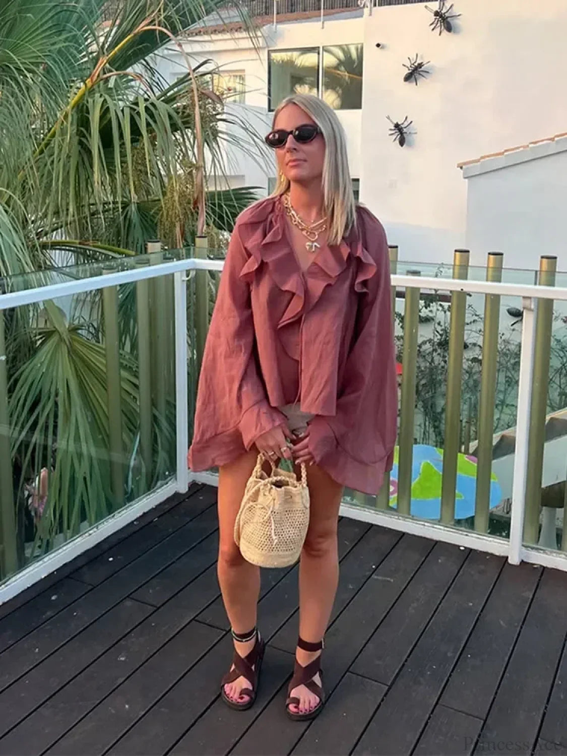 Ruffles Lace Up V Neck Gauze Blouse blouse-250223