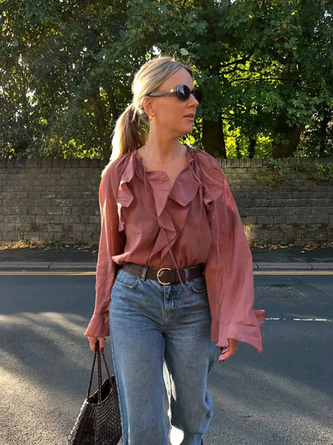 Ruffles Lace Up V Neck Gauze Blouse blouse-250223