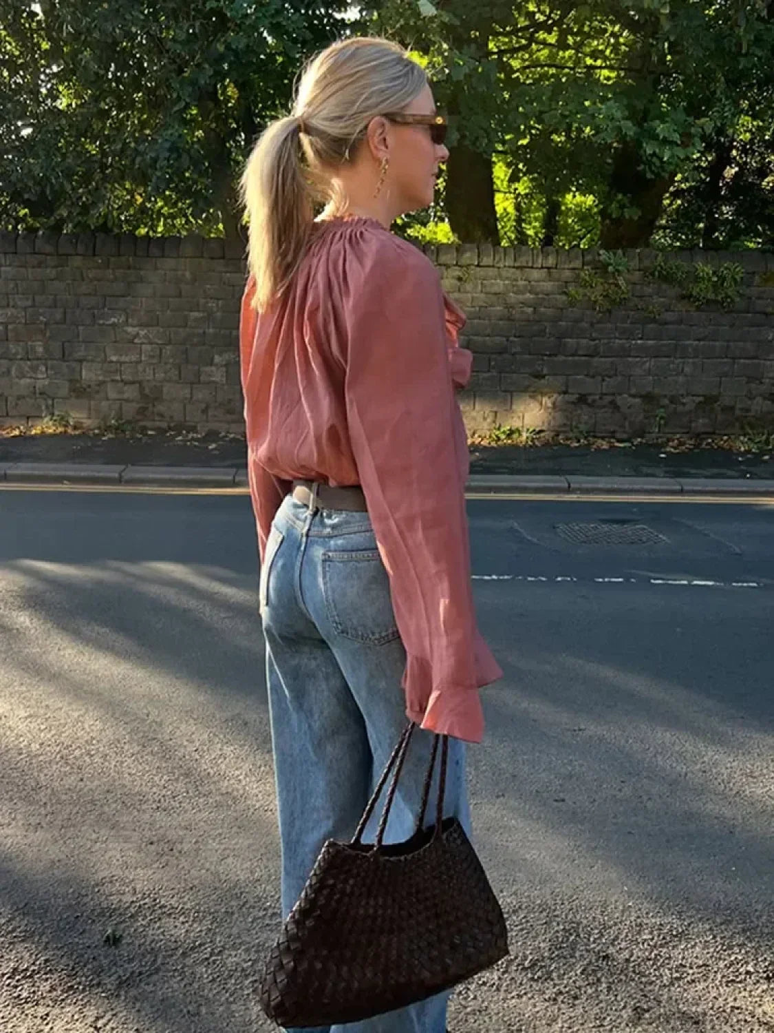 Ruffles Lace Up V Neck Gauze Blouse blouse-250223