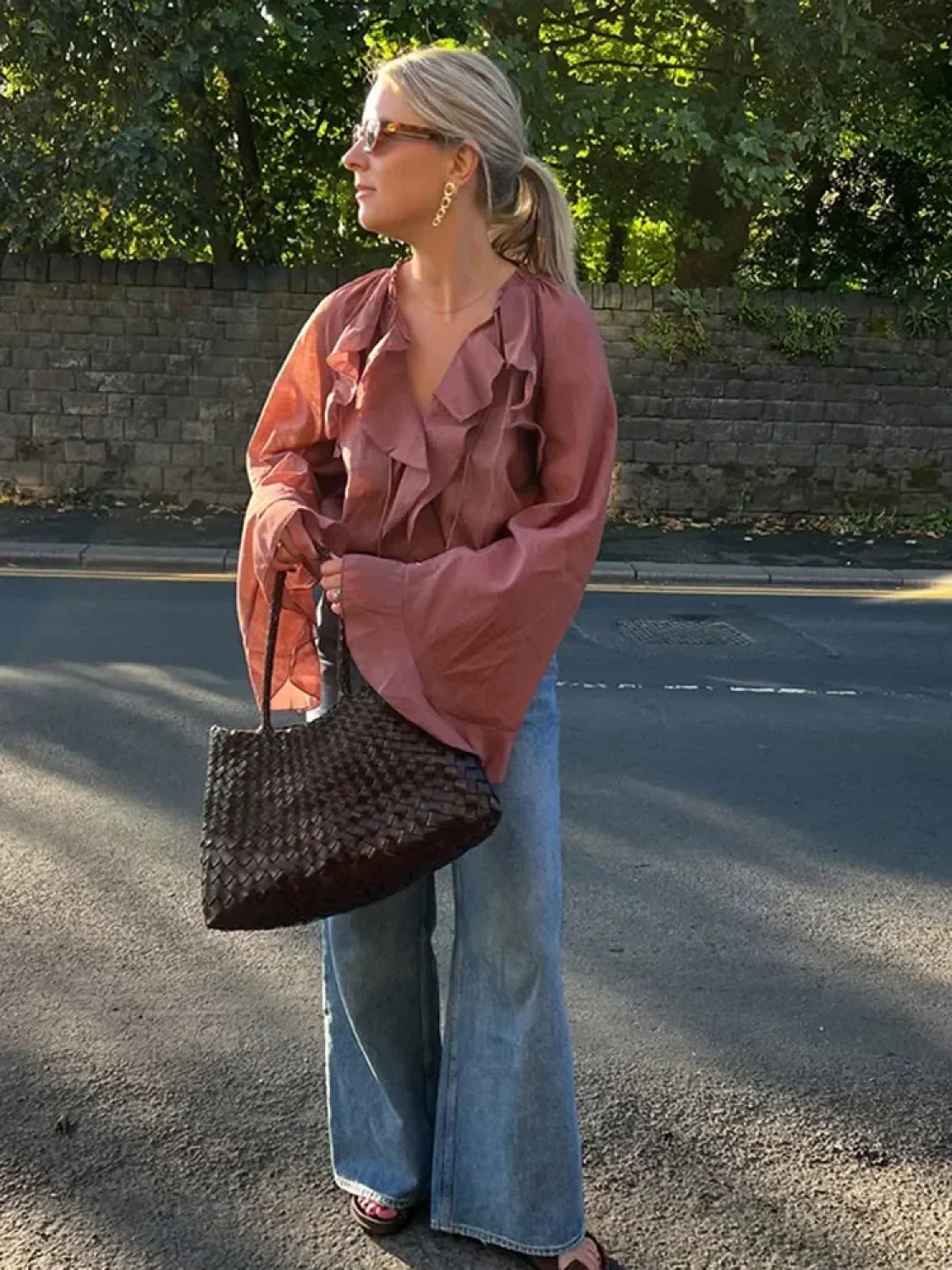 Ruffles Lace Up V Neck Gauze Blouse blouse-250223