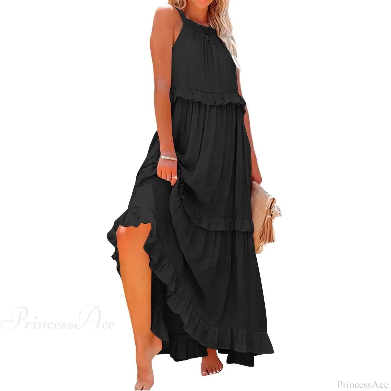 Ruffles Sexy Split Halter Sleeveless Big Hem Maxi Boho Dress black lining / S bohodress-250126