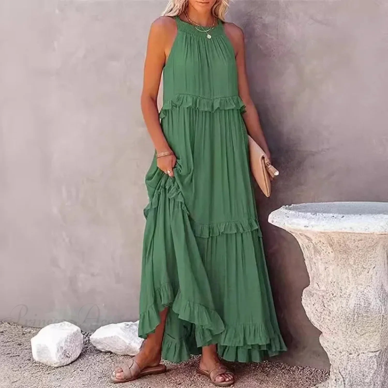 Ruffles Sexy Split Halter Sleeveless Big Hem Maxi Boho Dress bohodress-250126