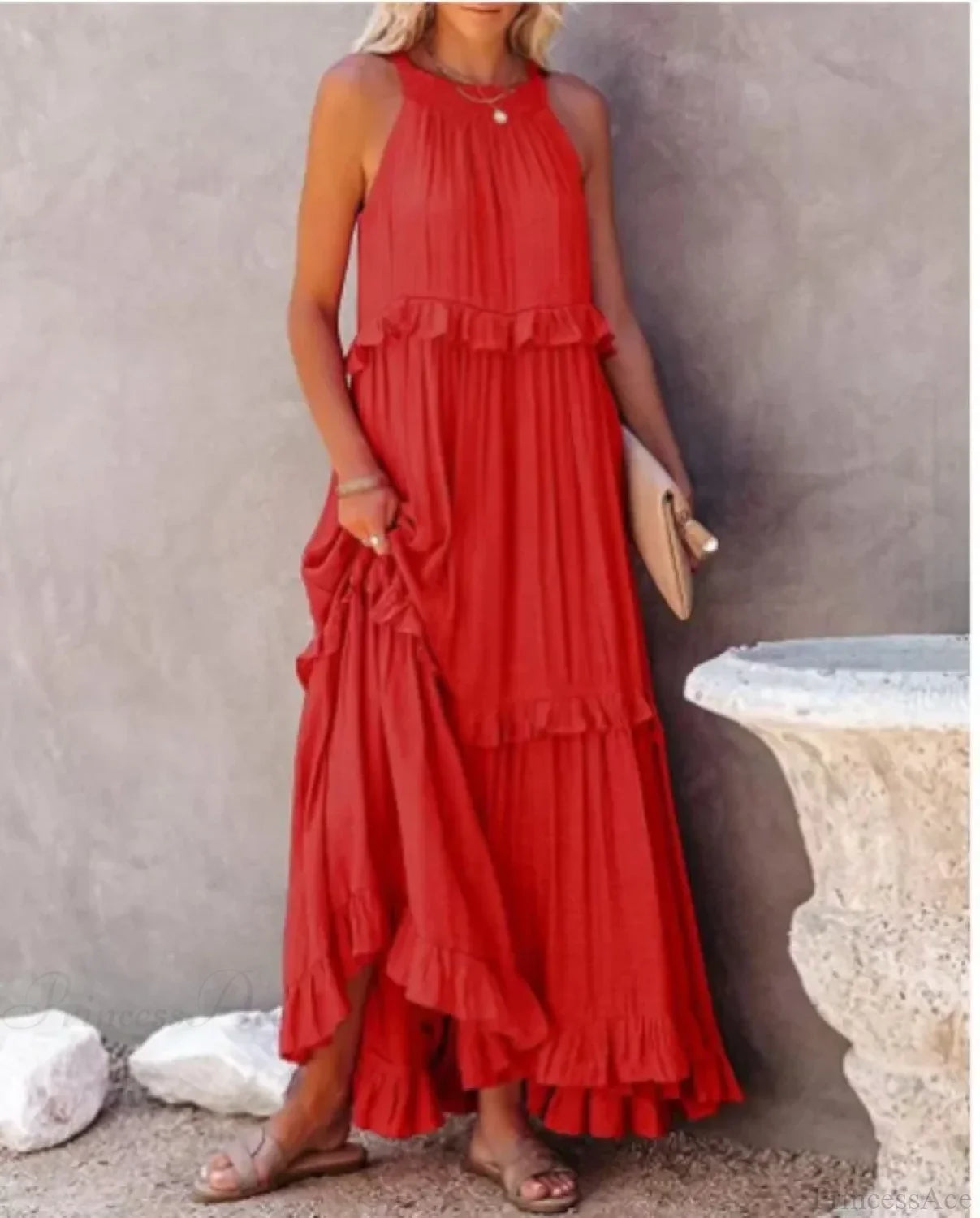 Ruffles Sexy Split Halter Sleeveless Big Hem Maxi Boho Dress bohodress-250126