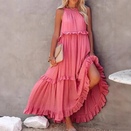 Ruffles Sexy Split Halter Sleeveless Big Hem Maxi Boho Dress bohodress-250126