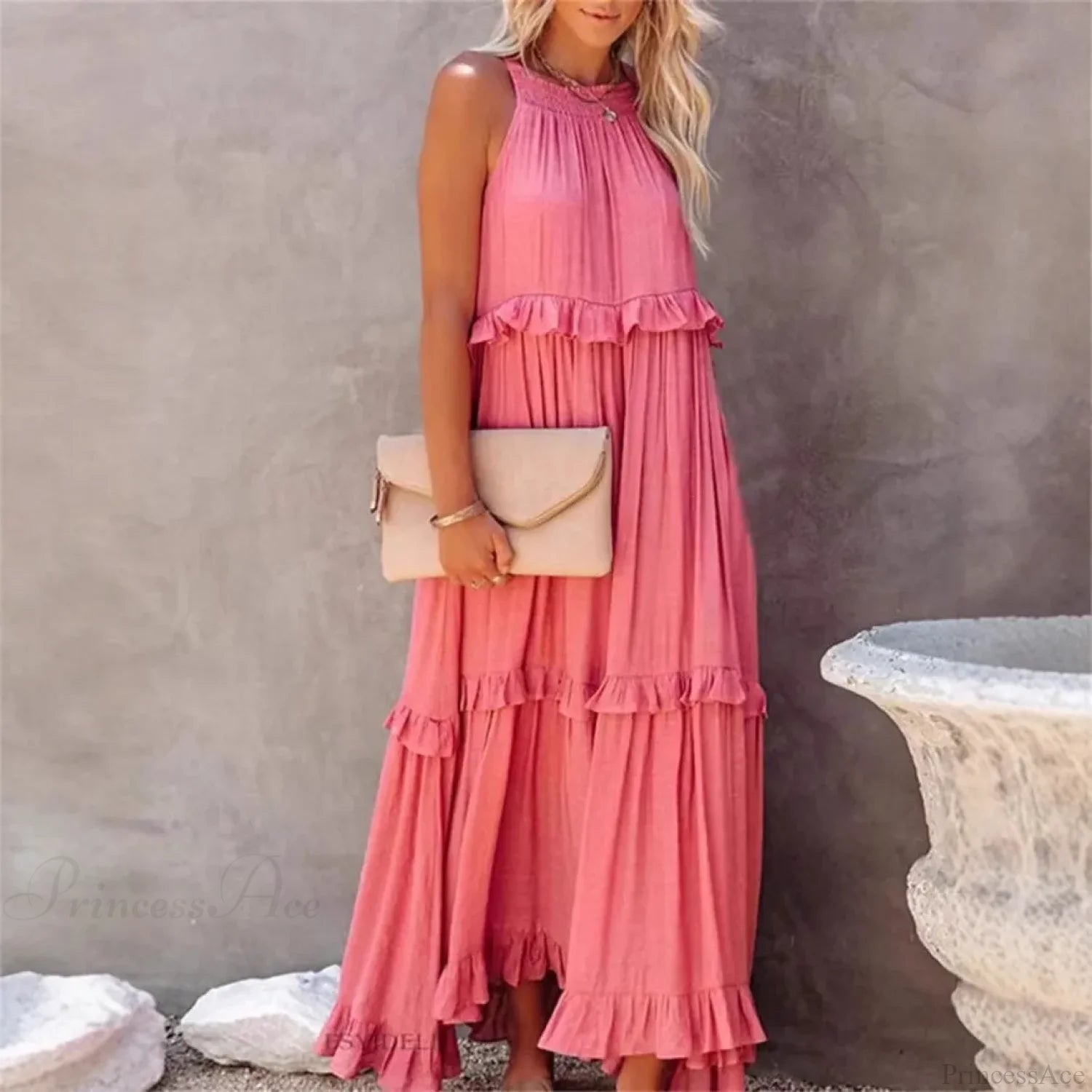 Ruffles Sexy Split Halter Sleeveless Big Hem Maxi Boho Dress bohodress-250126