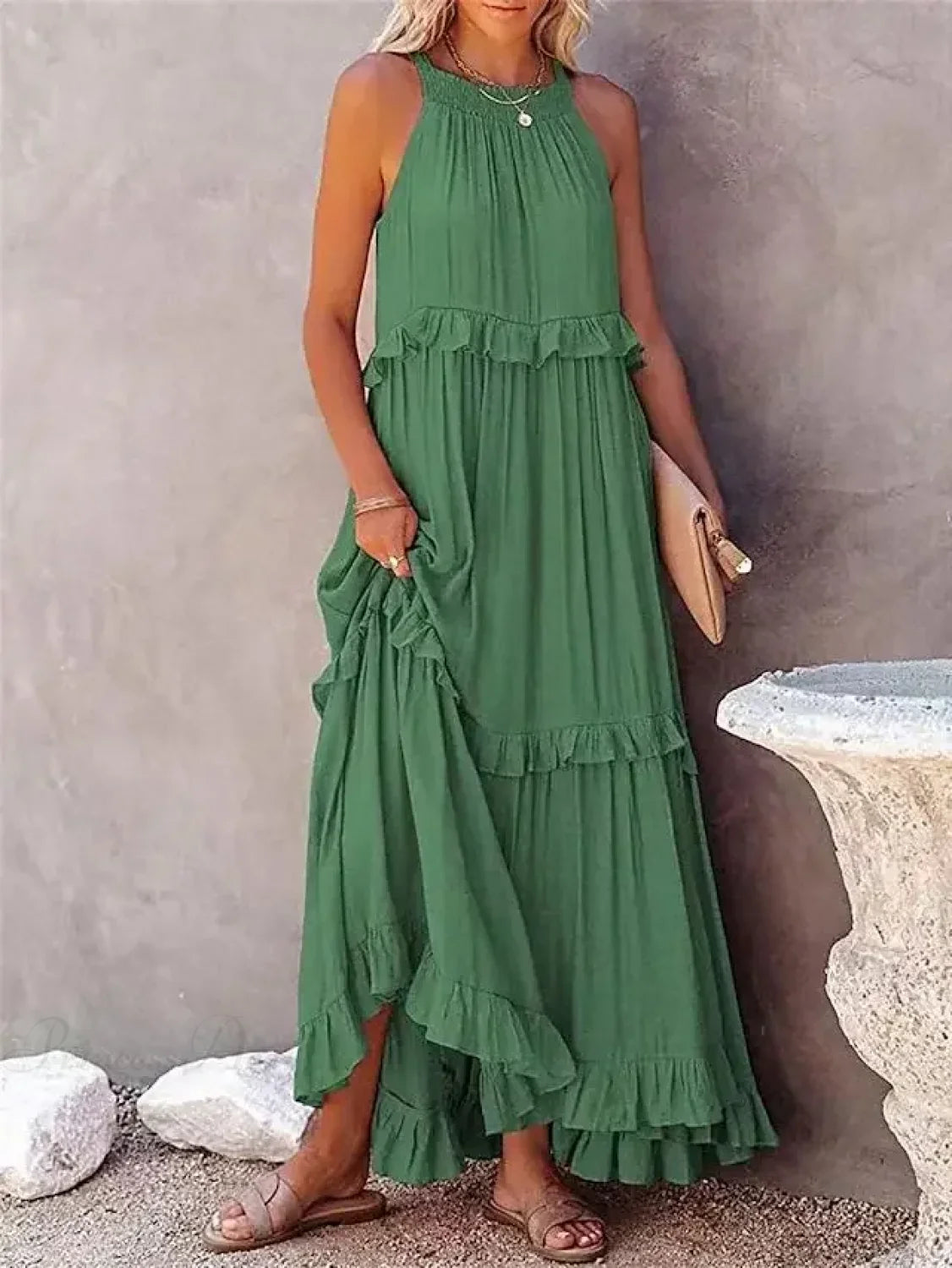 Ruffles Sexy Split Halter Sleeveless Big Hem Maxi Boho Dress bohodress-250126