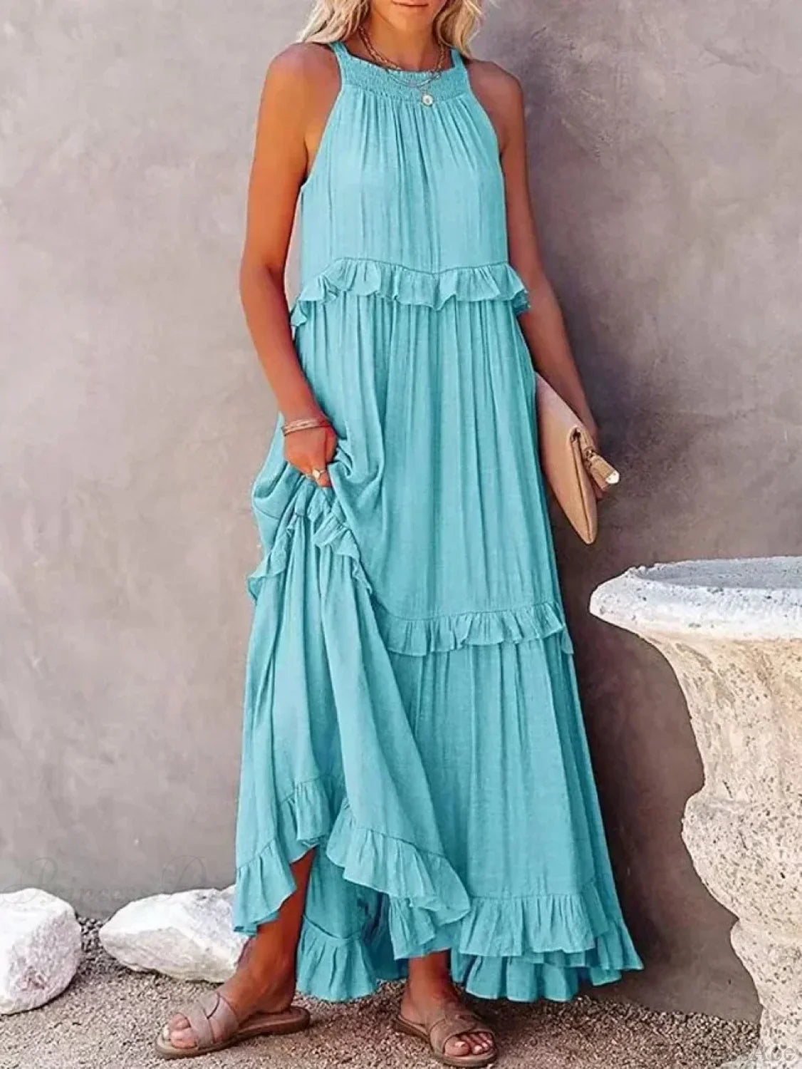 Ruffles Sexy Split Halter Sleeveless Big Hem Maxi Boho Dress bohodress-250126