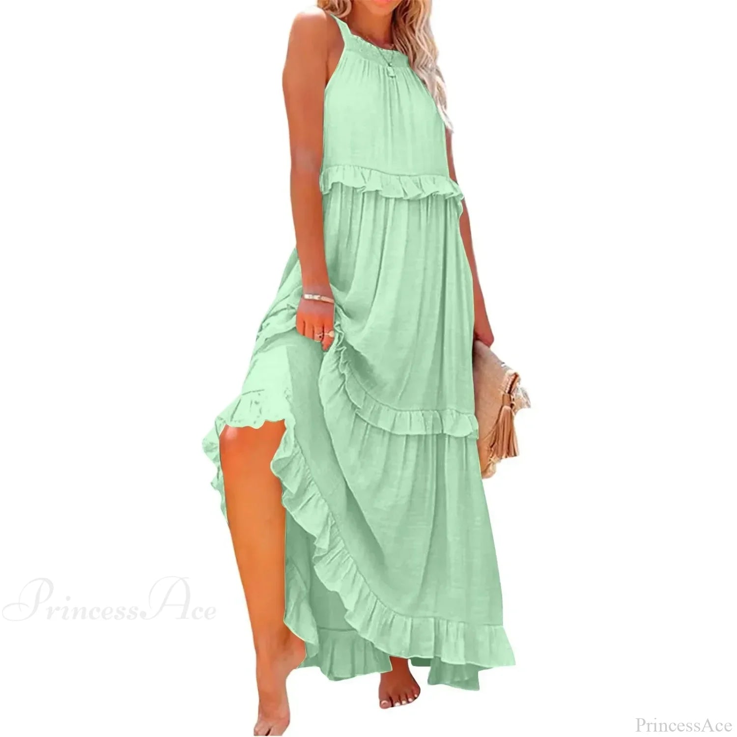 Ruffles Sexy Split Halter Sleeveless Big Hem Maxi Boho Dress green lining / S bohodress-250126
