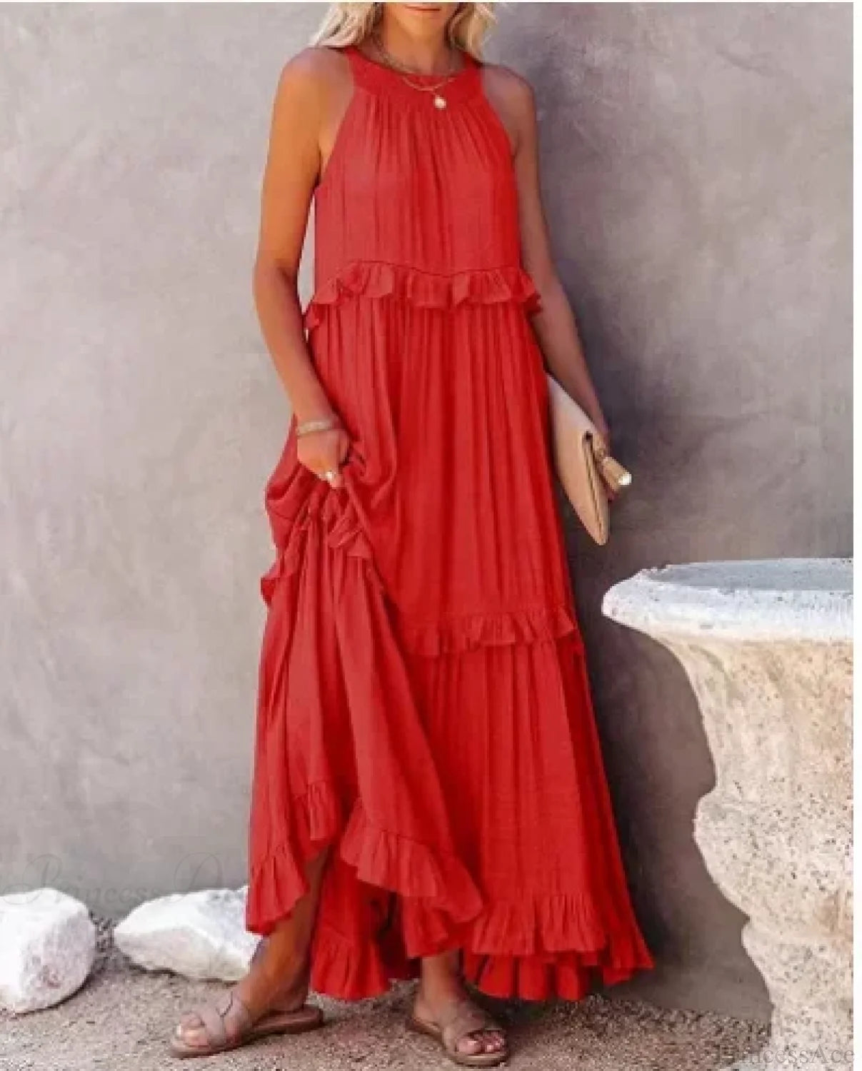 Ruffles Sexy Split Halter Sleeveless Big Hem Maxi Boho Dress Orange lining / S bohodress-250126