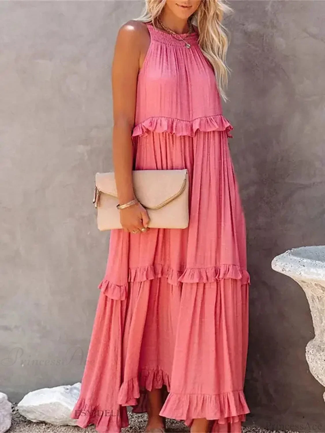 Ruffles Sexy Split Halter Sleeveless Big Hem Maxi Boho Dress Pink / S bohodress-250126