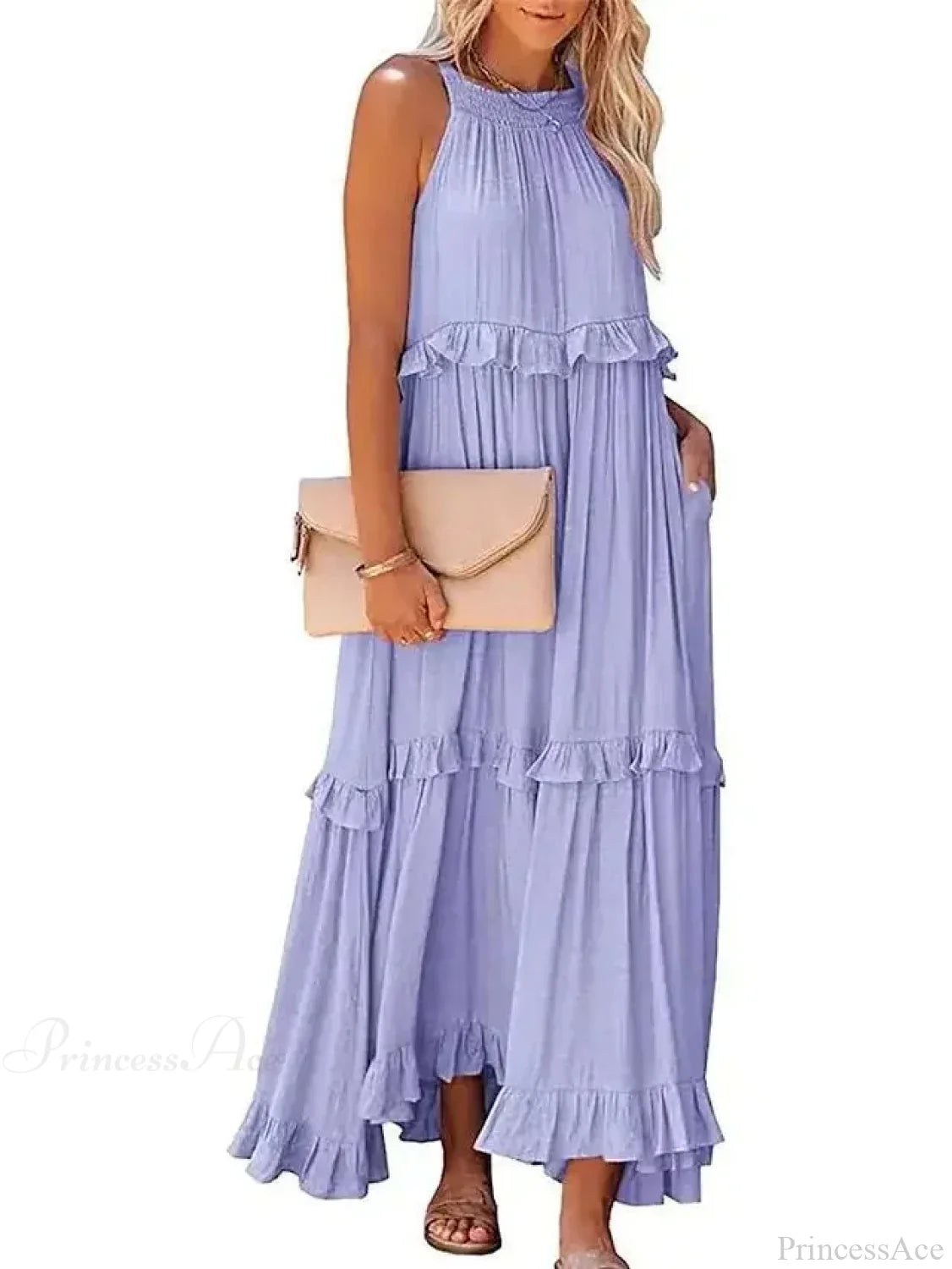 Ruffles Sexy Split Halter Sleeveless Big Hem Maxi Boho Dress Purple lining / S bohodress-250126