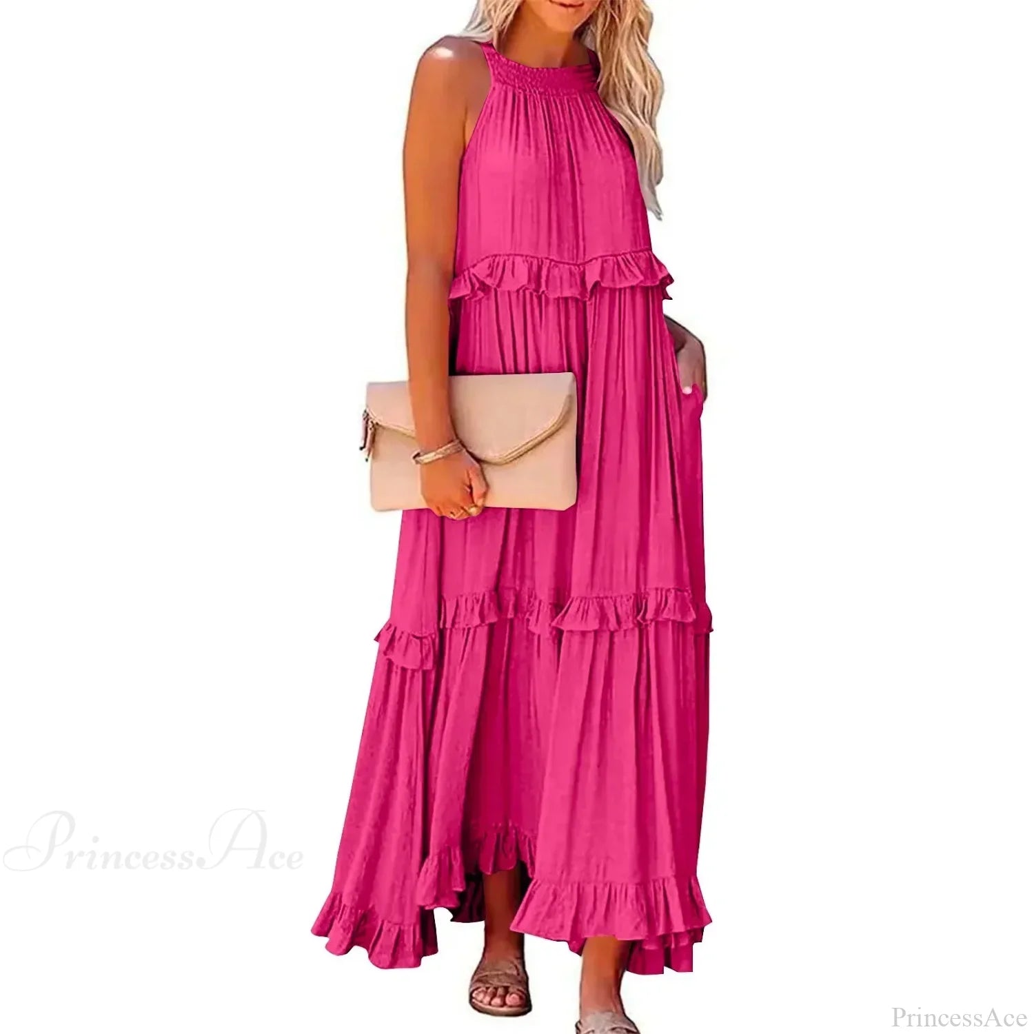 Ruffles Sexy Split Halter Sleeveless Big Hem Maxi Boho Dress Red lining / S bohodress-250126