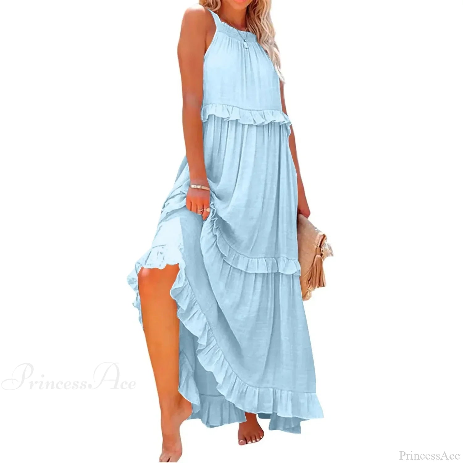 Ruffles Sexy Split Halter Sleeveless Big Hem Maxi Boho Dress Sky lining / S bohodress-250126