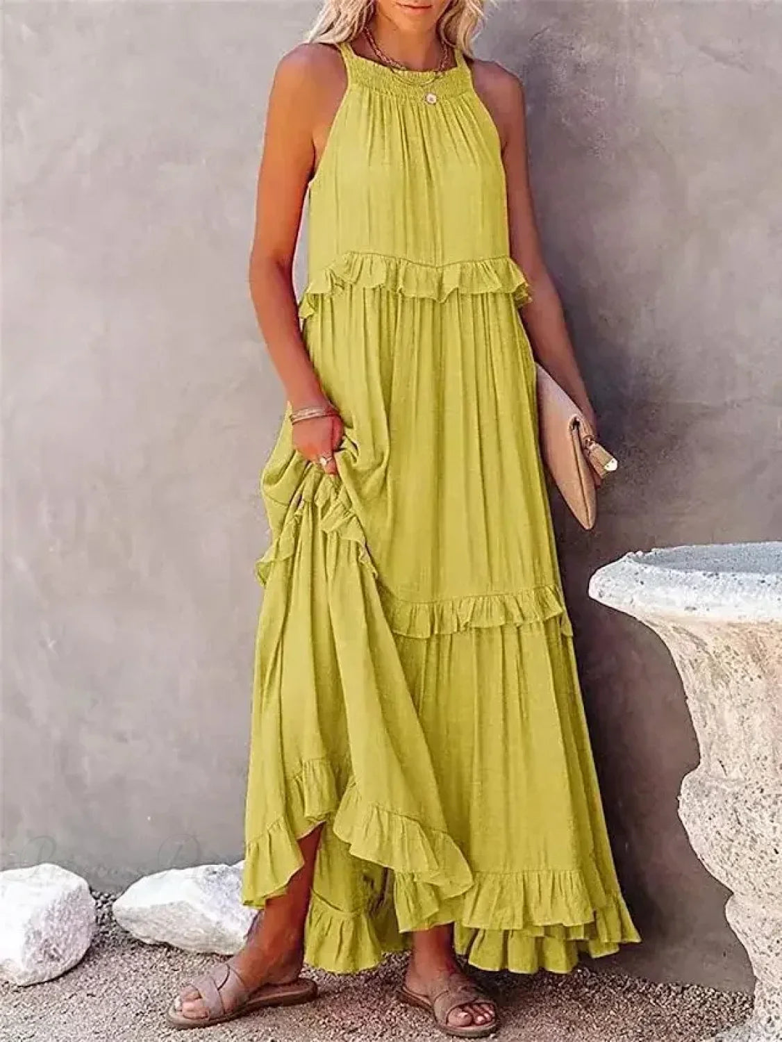 Ruffles Sexy Split Halter Sleeveless Big Hem Maxi Boho Dress Yellow / S bohodress-250126