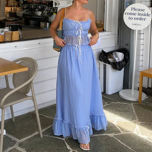 Ruffles Tie-Up Crop Top A-line Maxi Skirt Two Pieces Set Blue / S twopiecesset-250126