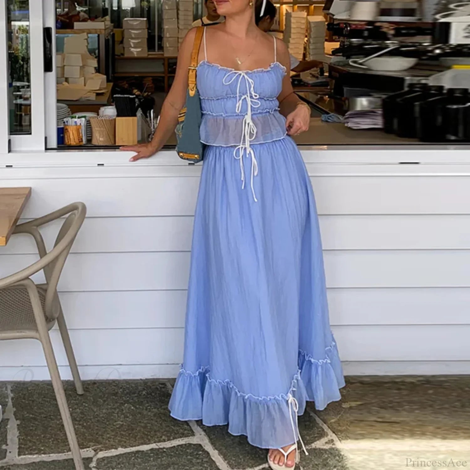 Ruffles Tie-Up Crop Top A-line Maxi Skirt Two Pieces Set twopiecesset-250126