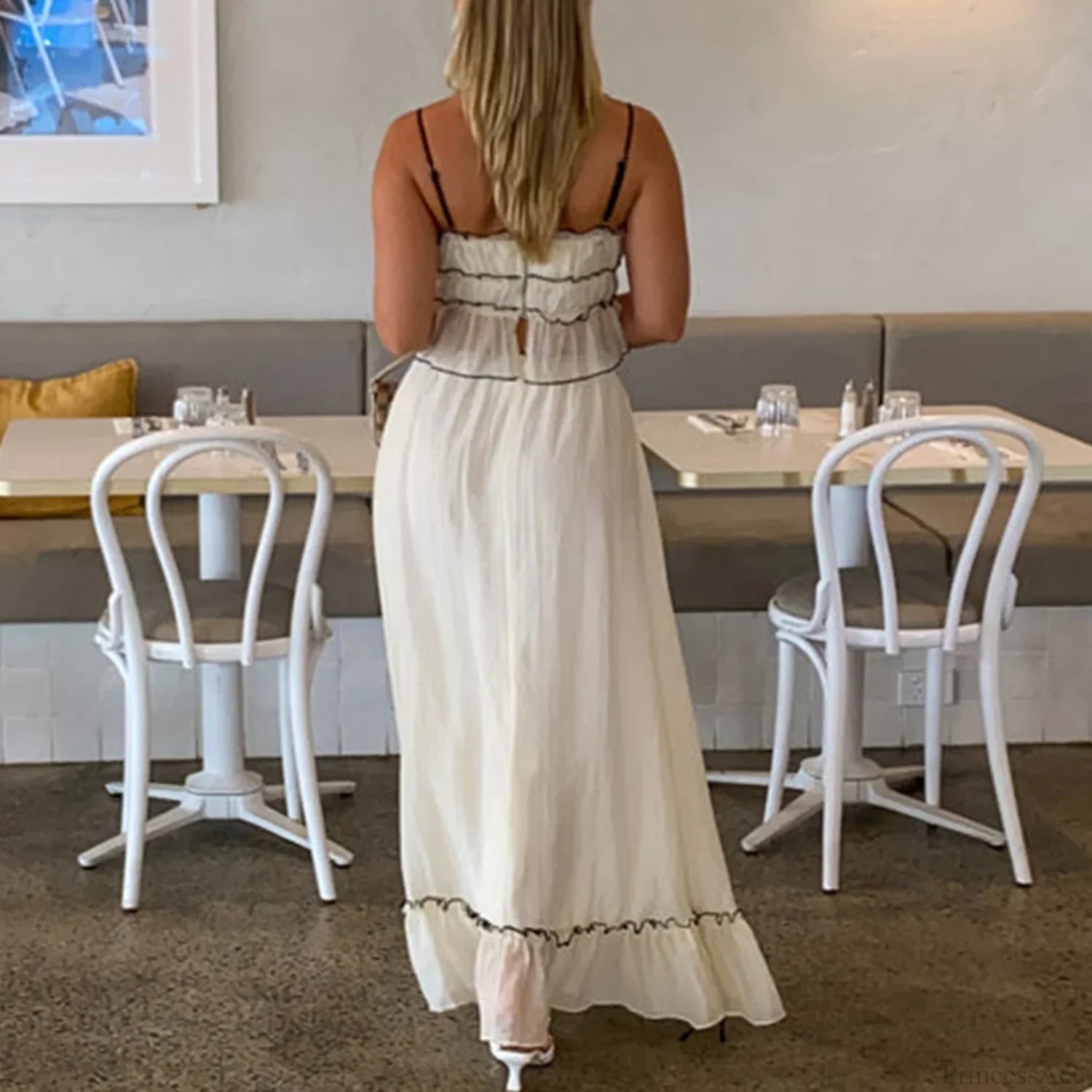 Ruffles Tie-Up Crop Top A-line Maxi Skirt Two Pieces Set twopiecesset-250126