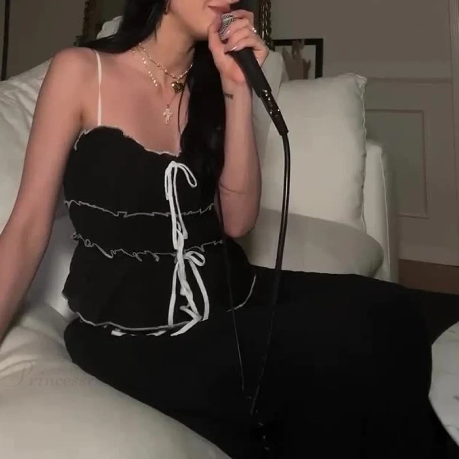 Ruffles Tie-Up Front Camis Crop Top Maxi Skirt Two Pieces Set twopiecesset-250126