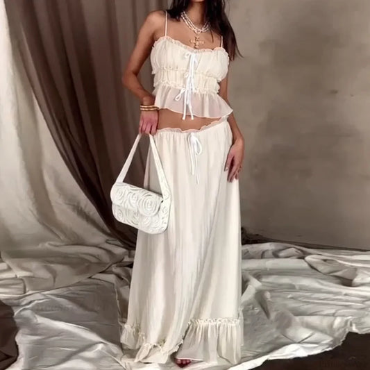 Ruffles Tie-Up Front Camis Crop Top Maxi Skirt Two Pieces Set WHITE / S twopiecesset-250126