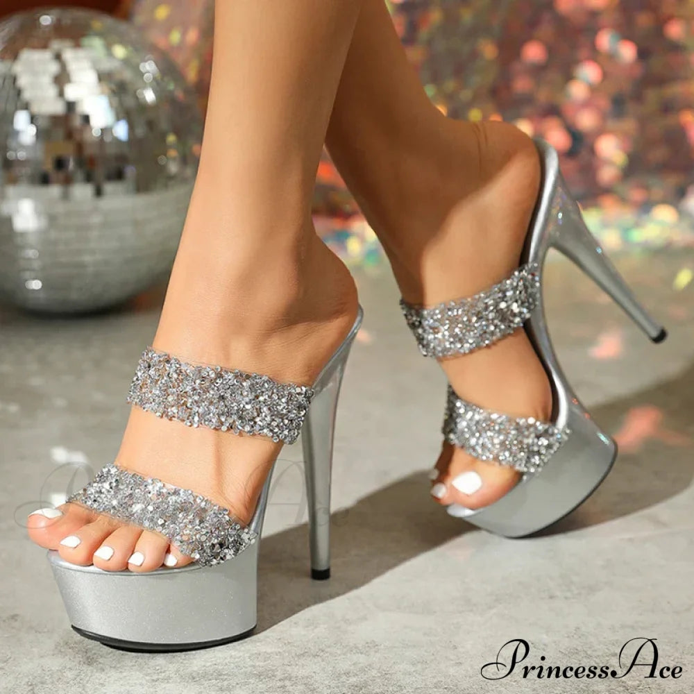 Runway Style Super High Heels Sequined Pvc Summer Party Banquet Big Size Platform Heel Silver / 34