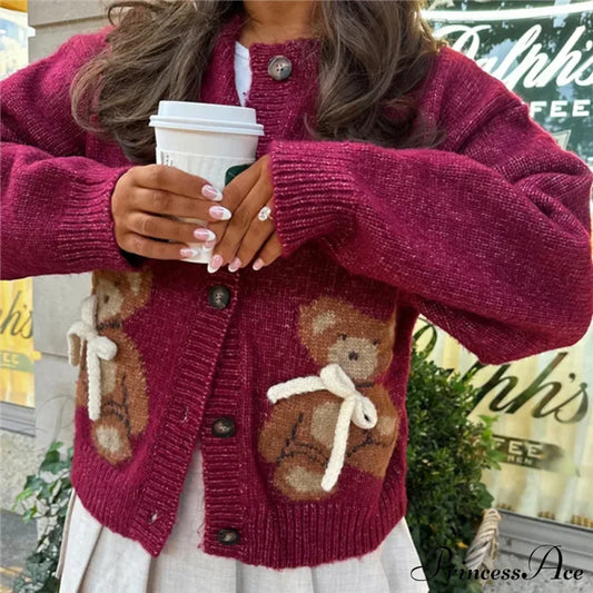 Santa Snowman Embroidery Cardigan Wine / S Cardigan-241208