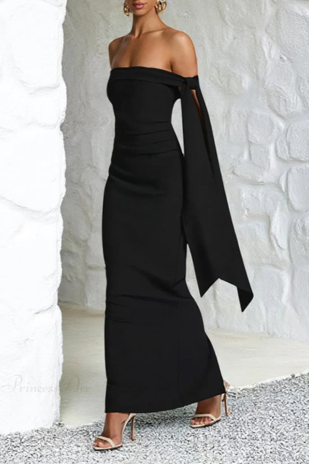 Sash Off Shoulder Split Slim Fitted Maxi Dress