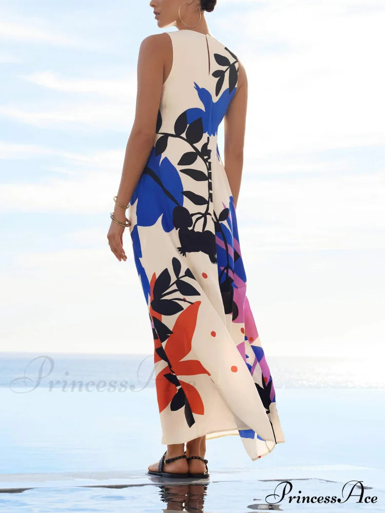 Satin Art Floral Charming Print Maxi Dress Dresses