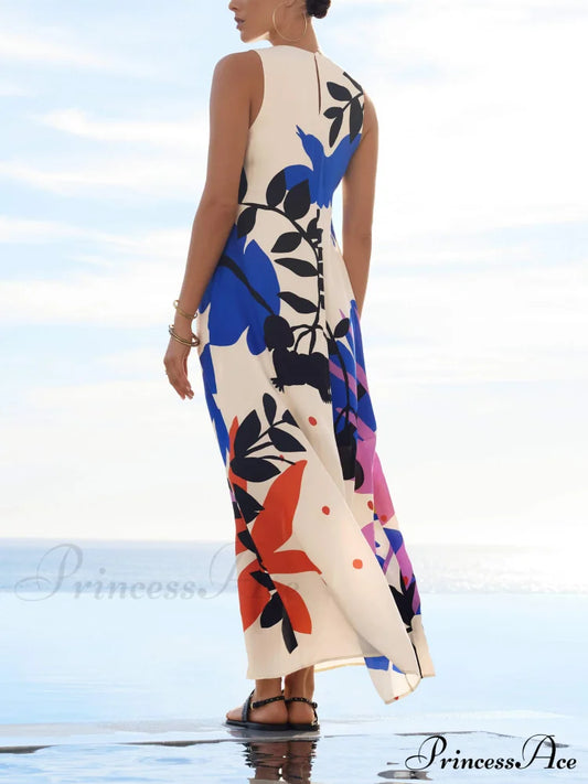 Satin Art Floral Charming Print Maxi Dress Dresses