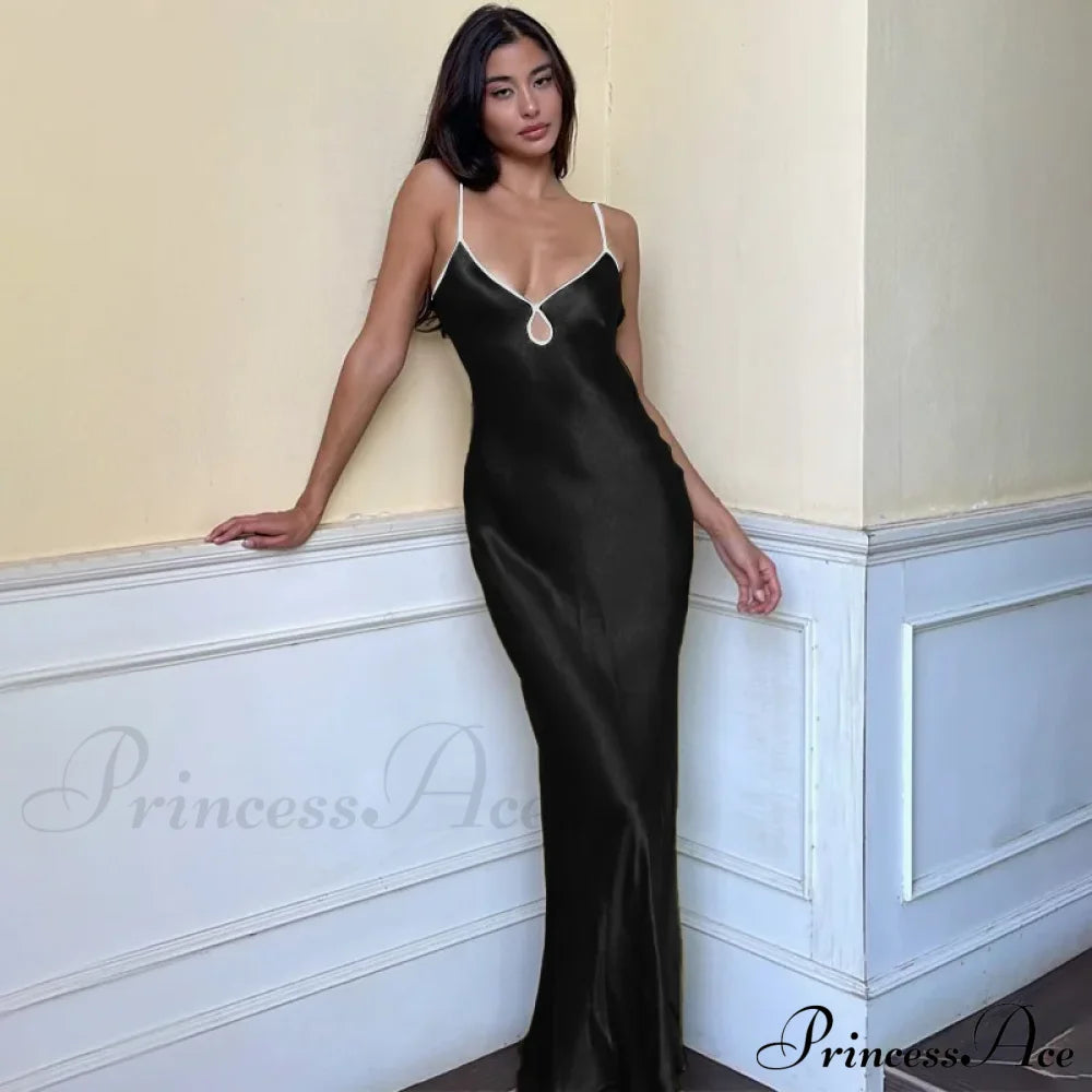 Satin Backless Club Party Vestido Maxi Dress Black / S