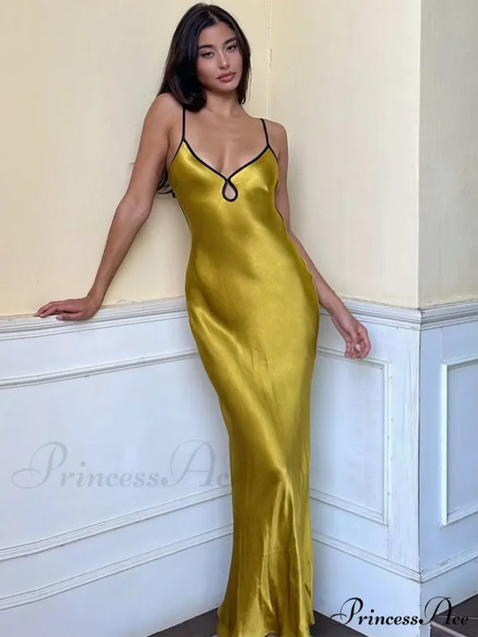 Satin Backless Club Party Vestido Maxi Dress Yellow / S