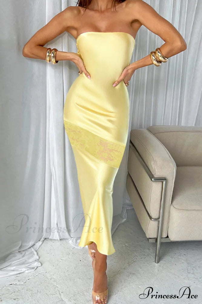 Satin Backless Lace Patchwork Strapless Dress Yellow / S Midi Dresses