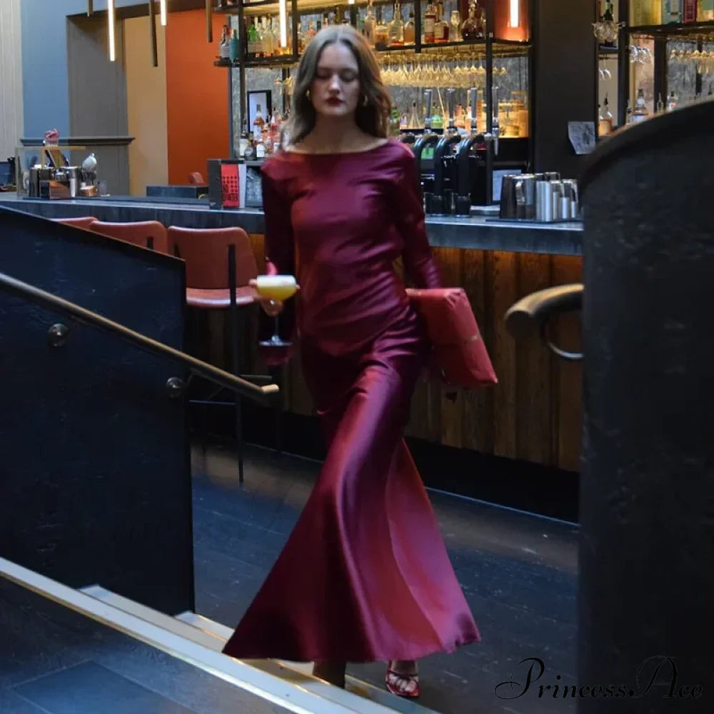 Satin Backless Maxi Dress Burgundy / S